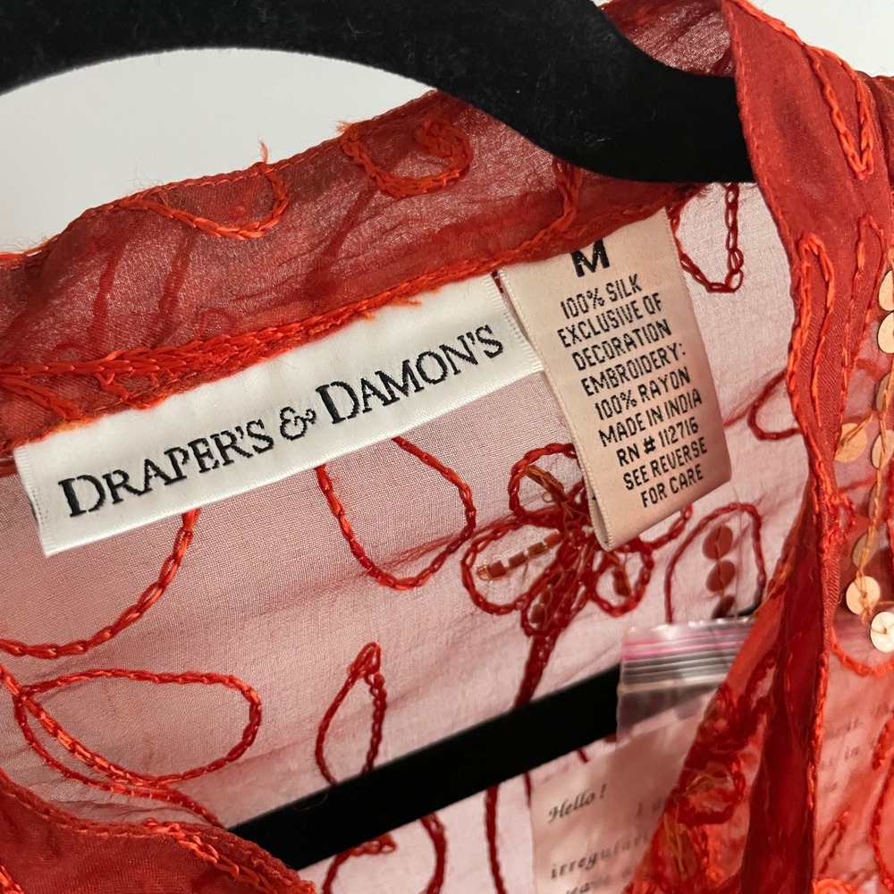 Draper's & Damon's Silk Blouse Womens M Red Ombre Embroidered Sequin Boho Sheer - Picture 6 of 12